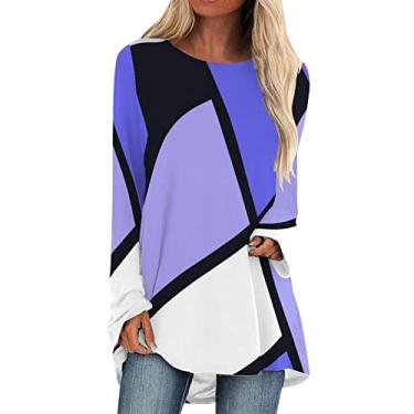 Imagem de Camiseta longa grande para mulheres com estampa colorida em bloco, gola redonda, túnica para usar com leggings Primavera Camiseta Blusa feminina curto Top Patchwork colorido H74-Azul XX-Large
