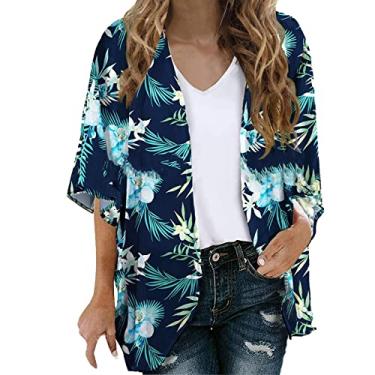 Imagem de Blusa feminina havaiana chiffon estampa floral manga bufante kimono cardigã solto blusa tops Camiseta Fluido Top de verão Top Túnica Camisa feminina feminina Blusa D22-Céu azul Large