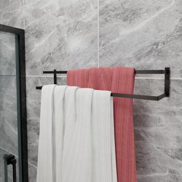 Imagem de Suporte Toalheiro Porta Toalha de Banho Parede Banheiro Duplo 60cm Preto Fosco