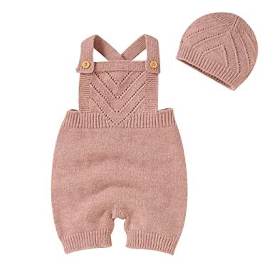 Imagem de Macaquinho de malha com suspensórios para bebês meninas com chapéu, roupas para bebês recém-nascidos de 0 a 18 meses, rosa, 9-12 meses