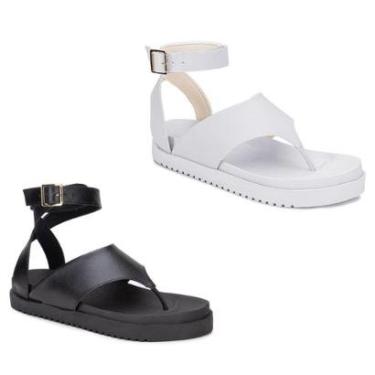 Imagem de Kit 2 Sandália Feminina Luxo Flat Tiras Chinelo Plataforma Confortável Da Moda Preto e Branco-Feminino