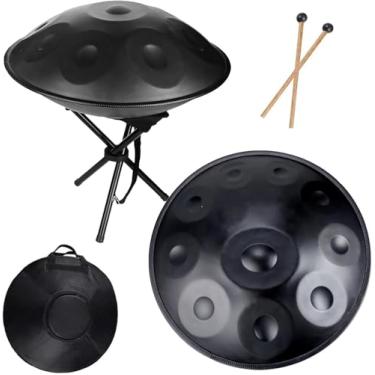 Imagem de Tambor de mão de 22 polegadas, D menor 9/10/12 notas Tambores de mão de aço com bolsa de tambor de mão, 2 marretas, suporte de tambor de mão, 432Hz/440Hz Handpan percussão, preto - 9 notas,