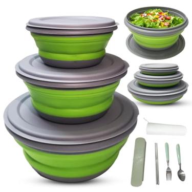 Imagem de RMAMSCOV Tigela de acampamento, 3 peças de silicone de grau alimentício dobrável lancheira tigela de salada com tampa, recipientes expansíveis de armazenamento de alimentos conjunto com talheres