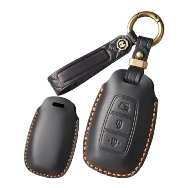 Imagem de HIBEYO Capa de chaveiro de couro genuíno personalizável de 3 botões compatível com Hyundai Palisade Elantra Kona Azera Santa Grandeur IG 2024 Acessórios Capa de chave personalizada - 3 botões preto