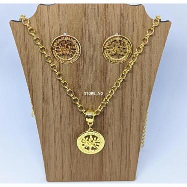 Imagem de Kit Colar e Brincos Feminino Corrente Elo Português Folheado Ouro Dour