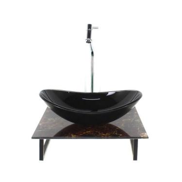 Imagem de Kit cuba de vidro oval 10mm com tampo de vidro 40cm x 40cm mármore imp