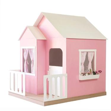 Imagem de Casinha De Brinquedo Artesanal Janela Lateral Versátil Com Cortinas Mdf Rosa/branco L12 - Criança Feliz