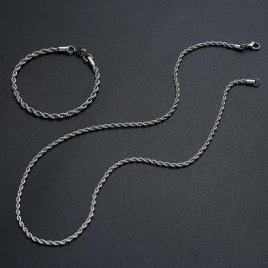 Imagem de Kit de Colar e Pulseira Elo Corda Prateado Aço Inox - Vorax Acessórios