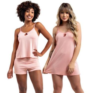 Imagem de Kit 2 Pijamas de Dormir Feminino Camisola e Short Doll Viére, P, Rosa,