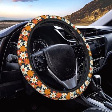 Imagem de Neukim Capa de volante retrô margarida floral para carro, protetor de volante, antiderrapante, elasticidade e respirável, acessórios universais de 38 cm para carros, SUV, Sedan, Vans e caminhões