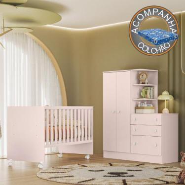 Imagem de Quarto de Bebê com Berço Reto e Roupeiro Doce Sonho Rosa Qmovi Colchão