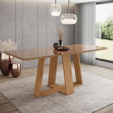 Imagem de Mesa Lins para 6 Lugares Tampo de 200cm Canto Arredondado com Vidro e Pés em Ângulo Marrom