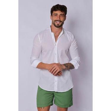 Imagem de Camisa masculina branca bata gola padre manga longa slim - LIFESTYLE, 