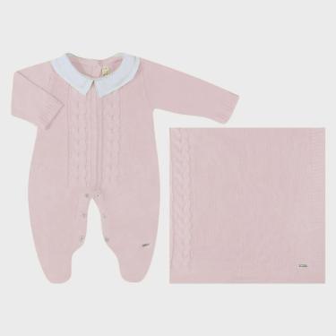 Imagem de Kit Saída Maternidade Tricot Manta e Macacão Rosa Claro rn