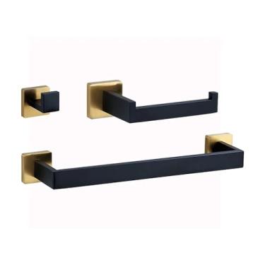 Imagem de Banheiro Preto Ouro Suporte de Papel Higiênico Suporte de Toalha Gancho de Roupão Anel de Toalha Conjunto de Ferragens de Banheiro de Aço Inoxidável Kit, Conjunto de 3 Peças C