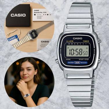Imagem de Relógio de Pulso Casio Feminino Vintage Resistente Àgua Alarme Cronometro Quartz Pequeno Mini Aço Inox Quadrado Digital Prata LA670WA-1DF