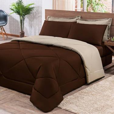 Imagem de Kit Edredom + Jogo De Lençol Aconchego Look House Dupla Face Solteiro 04 Peças - Marrom- Caqui