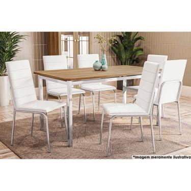Imagem de Mesa De Sala Jantar Reno C- Tampo Madeira 160cm + 6 Cadeiras Amsterdã Cromada - Assento Branco 106 - Kappesberg
