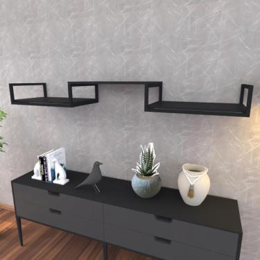 Imagem de Prateleira Industrial Suspensa Estante Parede Nicho Preto Ferro E Madeira Suporte Pratileira