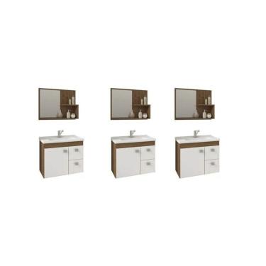 Imagem de Kit Com 3 Gabinetes Suspensos Com Cuba E Espelheira Isa Amêndoa Branco