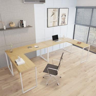 Imagem de Kit 2 Mesas De Escritório Em L Estilo Industrial 1,50mx1,50m Kuadra Lamina Mel-branco