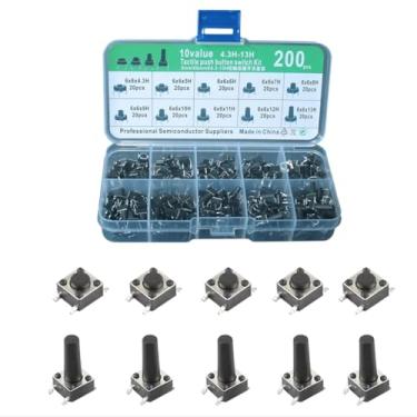 Imagem de Kit de interruptores táteis de 10 tamanhos de 200 peças para manutenção de equipamentos – 6 x 6 mm, botões liga/desliga, SMT/Dip compatível com Arduino, PCB e painéis de controle industrial