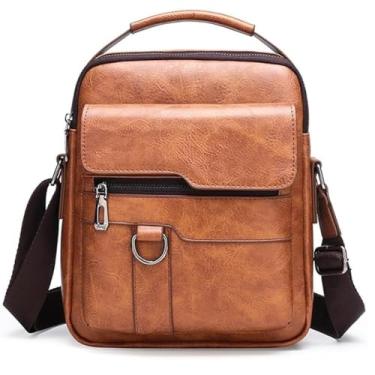 Imagem de Bolsa tiracolo masculina vintage de couro sintético – casual de negócios, alça ajustável, fecho de zíper, Marrom