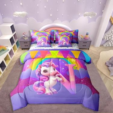 Imagem de Erosebridal Conjunto de edredom com estampa de letra N com 7 peças, com estampa de unicórnio, com monograma, para crianças, fantasia, céu estrelado e edredom