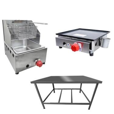 Imagem de Kit Lanchonete Mesa de Manipulação 100x55cm + Fritadeira a Gás 1 Cuba 
