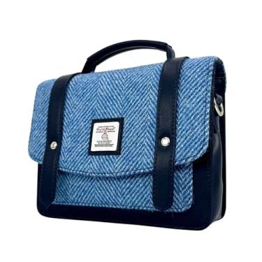 Imagem de Maccessori Mini bolsa carteiro feminina, Harris Tweed e bolsa tiracolo de couro vegano, design escocês autêntico, Azul-celeste