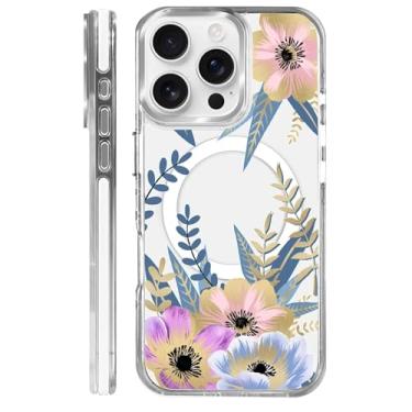 Imagem de Yuning419 Capa para iPhone 16 Pro, compatível com Magsafe, proteção total da câmera, capa transparente para meninas e mulheres, capa magnética protetora à prova de choque - pétala florescendo