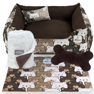 Imagem de Cama Pet Camurça + Coberdrom + Brinquedo Ossinho + Tapetinho Estampado 05 Peças - Ursos – Premium 2 (60x60 cm, Ursinho Ternura)