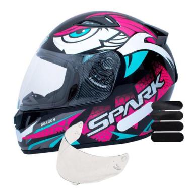 Imagem de Capacete Ebf Spark Dragon Preto Rosa Mais Viseira Cristal e Adesivo Pr