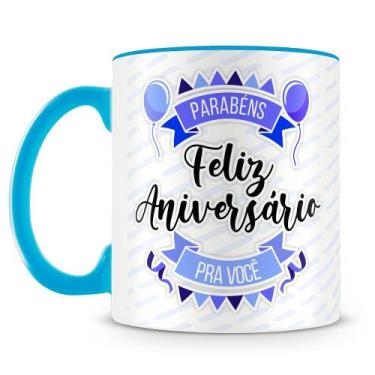 Imagem de Caneca Personalizada Feliz Aniversário Azul com Foto e Nome - 325ml - 