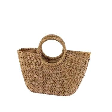 Imagem de Bolsas Bolsa palha grande meia lua praia feminina forro de tecido fecho com cordão(Caqui)