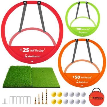 Imagem de Conjunto de rede de lascas de golfe Golfguru com tapete, 12 bolas, 4 c