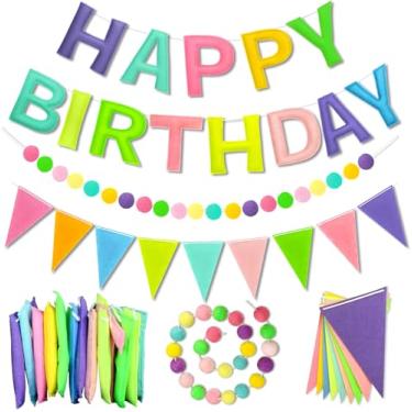 Imagem de Banner pré-amarrado de feliz aniversário - 3D feltro feliz aniversário decorações reutilizável bola guirlanda bandeira flâmula feltro