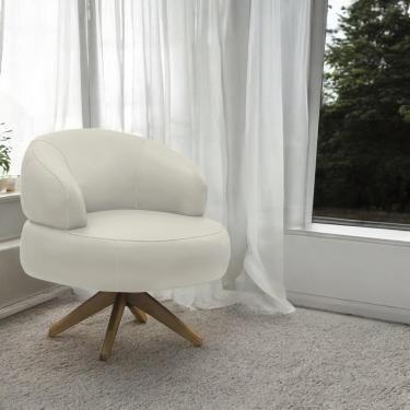 Imagem de Poltrona Decorativa Katy Sala De Estar Base Giratória Em Madeira Couro Bege G88 - Gran Belo