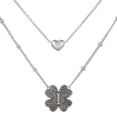 Imagem de MANZHEN Colar feminino com coração e trevo em camadas, inicial A-Z, design decorativo de elos de corrente, joias antigas, 18 Inches, Metal, Sem Pedra Preciosa