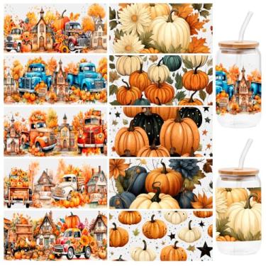 Imagem de 10 folhas de adesivos de transferência DTF UV para colheita de outono, para copo de vidro Libbey, decalques à prova d'água, etiqueta adesiva de plástico para decoração de garrafas e copos