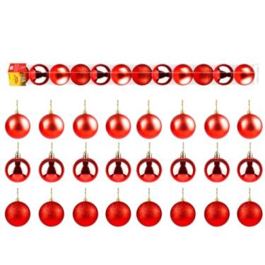 Imagem de Kit 24 Bolas Lisas 4cm Texturizadas Natal Árvore Led Luzes Guirlanda Decoração Enfeite Papai Noel Cor: Vermelho