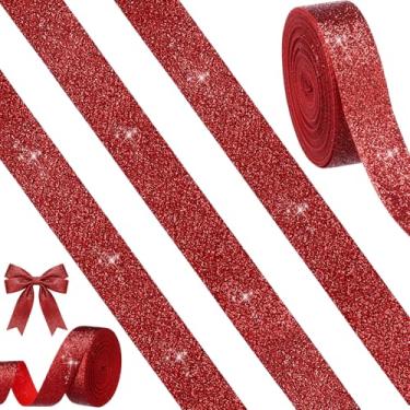 Imagem de Tegeme 10 jardas 7/8 polegadas fita de Natal com glitter fita vermelha rolo metálico de poliéster artesanato para árvore de Natal guirlanda de presente faça você mesmo laços de cabelo casamento festa