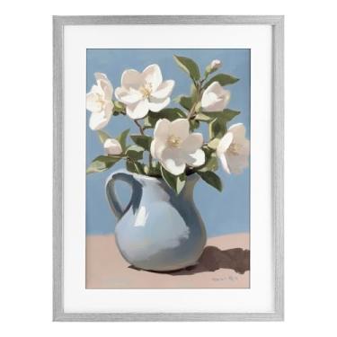 Imagem de Stupell Industries Arranjo marfim em jarro azul impressão emoldurada branca sob vidro, design por Gina Kelly, 23 x 17