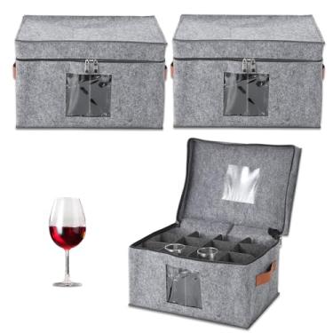 Imagem de Garvee Pacote com 3 caixas de armazenamento com divisórias – organizador de vidro de feltro de grande capacidade de 41 x 29 x 25 cm com tampas e alças para taças de vinho, taças de champanhe, copos de