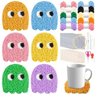 Imagem de ERguanfoiun Kit de 6 conjuntos de porta-copos de agulha de soco fantasma de jogo - Padrão de jogo fácil DIY perfurador agulha bordado para iniciantes arte artesanato suprimentos presente, tapete