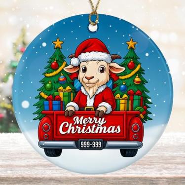 Imagem de DamienBrightGift Enfeite de Natal de Papai Noel de cabra - Caminhão vermelho de cerâmica com decoração de árvore - Presente engraçado de lembrança de feriado de animal de fazenda - Decoração de Natal