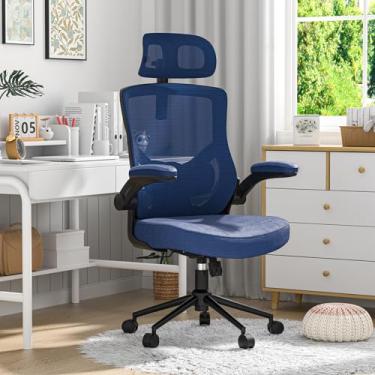 Imagem de Cadeira de escritório, cadeira de mesa ergonômica de malha, cadeira de computador com encosto alto - encosto de cabeça ajustável com braços dobráveis, apoio lombar (morden, blue)