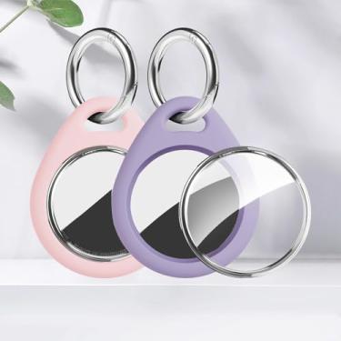 Imagem de Pacote com 2 capas roxas/rosa para AirTag, com 2 chaveiros, capa protetora de TPU à prova d'água com chaveiro de metal, clipe de aço inoxidável 304, para acessórios de AirTag