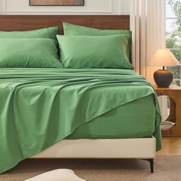 Imagem de Bedlifes Lençóis 100% linho francês California King Size 45,7-61 cm bolso extra profundo conjunto de 4 peças respirável e absorvente de umidade, lençóis macios e duráveis para colchões grossos (verde