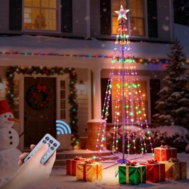 Imagem de MuliVid Luzes de árvore de Natal com cone de 240 LEDs, luzes RGB para árvore de Natal ao ar livre com controle remoto, cordão de luzes à prova d'água, decorações de férias para quintal, pátio, jardim